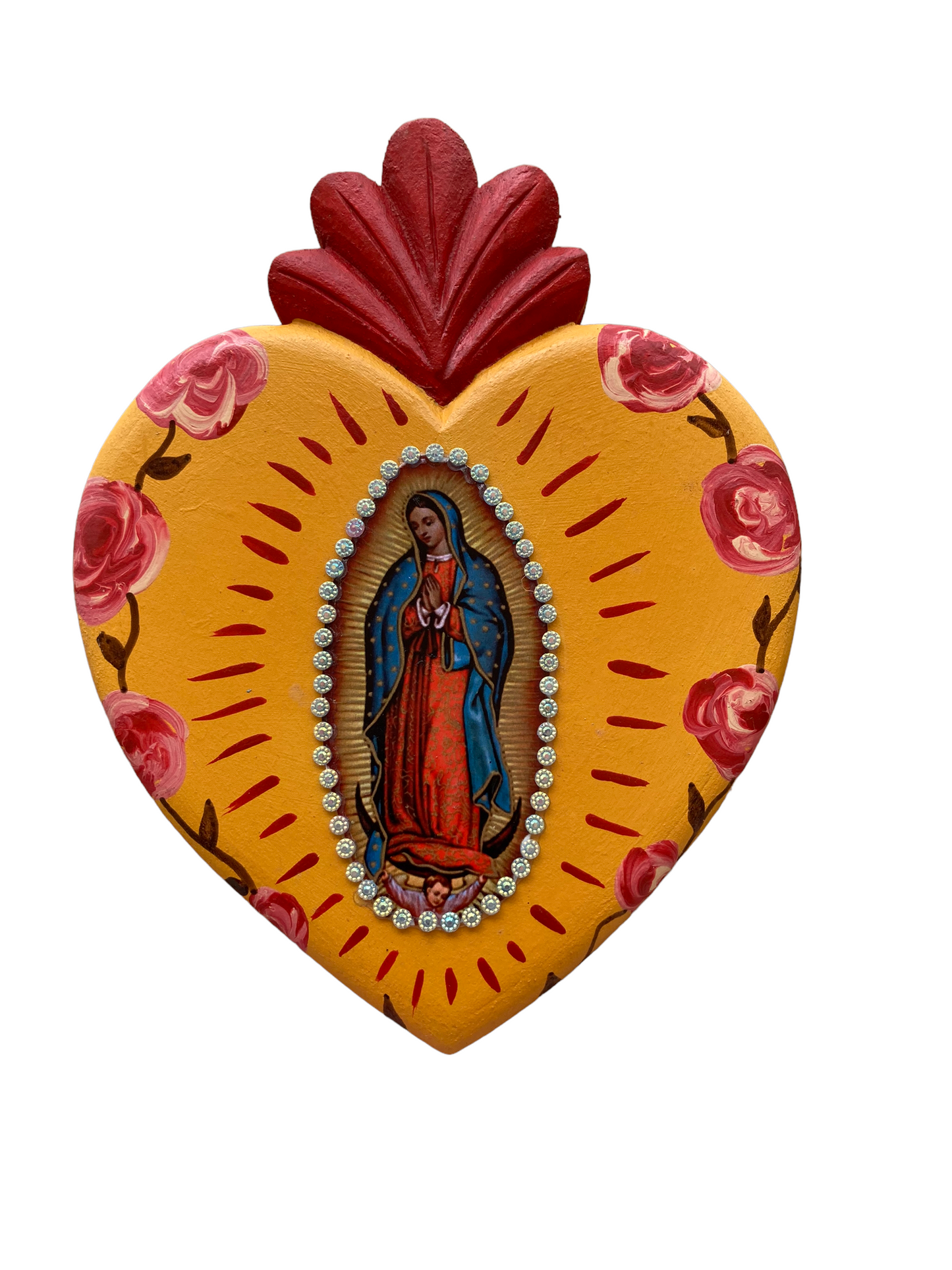 Corazón decoración madera con moño virgen Guadalupe