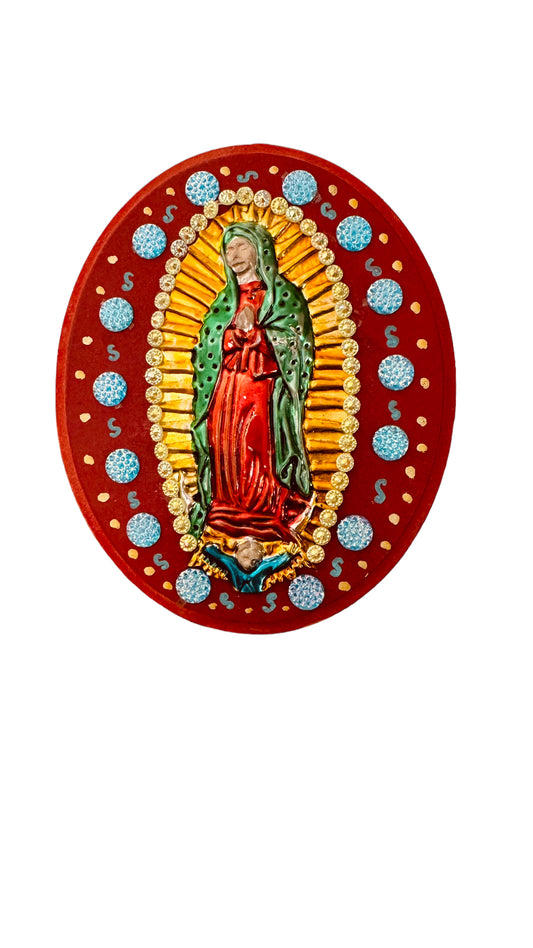 Virgen Guadalupe en medera con imagen en metal