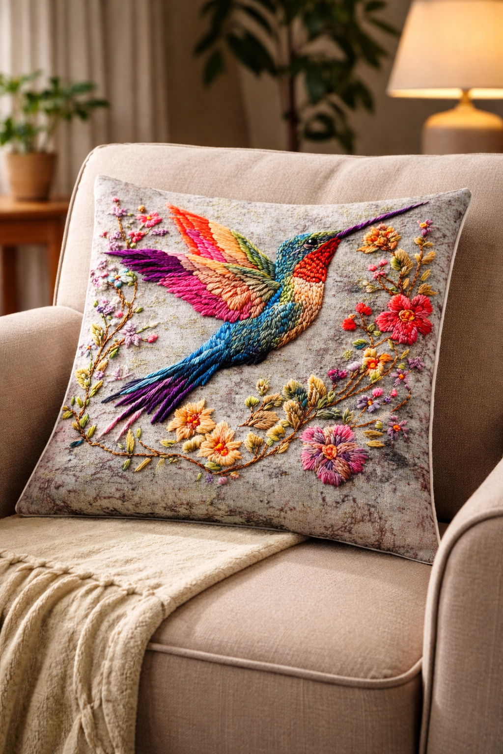 Cojín estampado colibrí