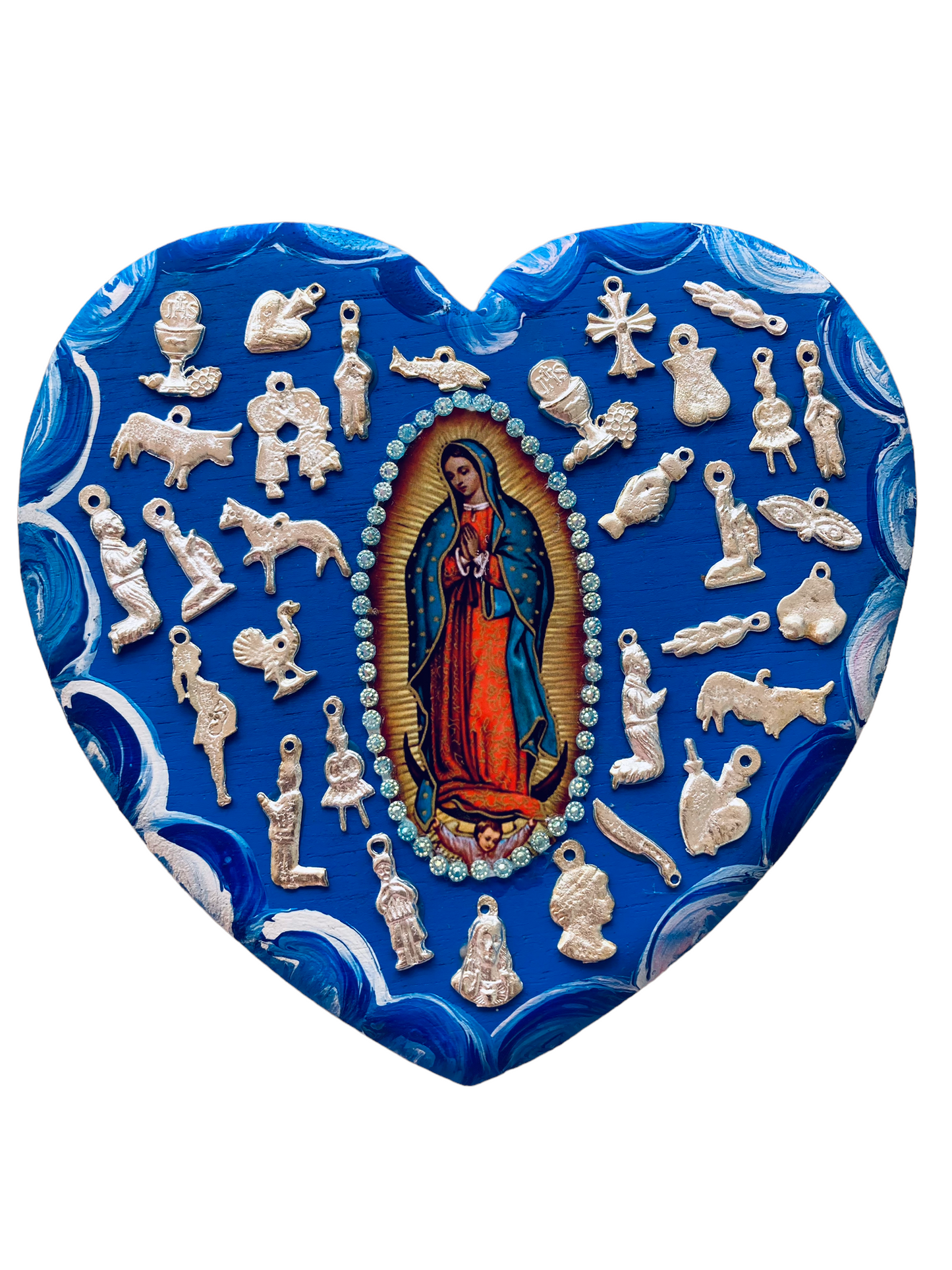 Corazón decoración madera con milagritos y virgen